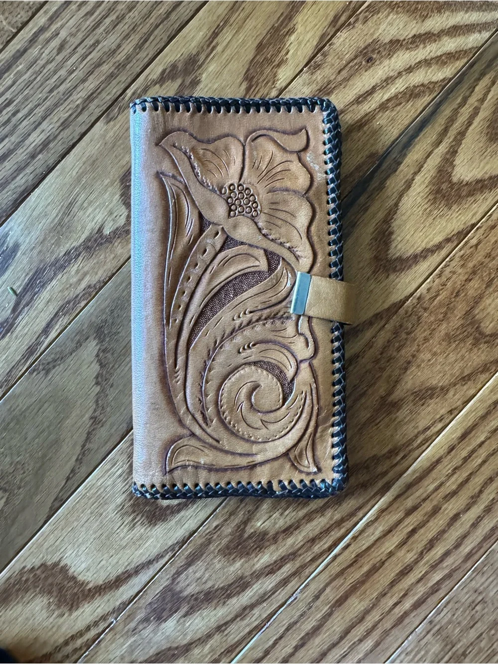 Tan Floral Tooled Leather Phone Wallet - Women's Accessory
